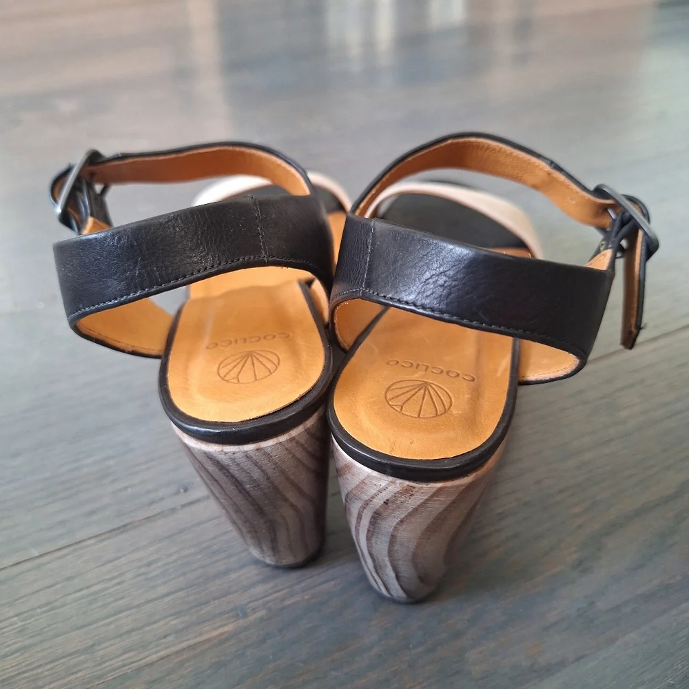 Coclico Black White Platform Wedge Sandals 38 EUC